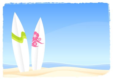 Bright summer beach scene with surfboards clipart