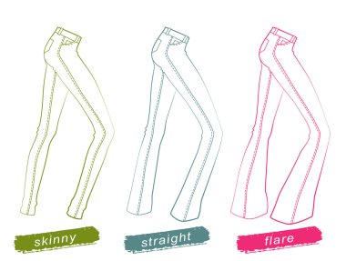 Outlined illustration of three basic types of jeans - flare, straight and skinny clipart