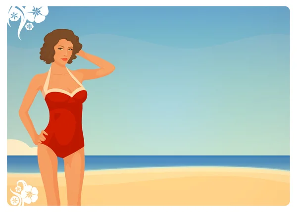 Belle jeune fille brune sur la plage dans les années 50 style rétro — Image vectorielle