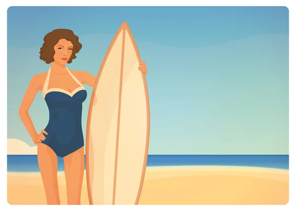Surfeur de belle fille brune dans un style rétro — Image vectorielle