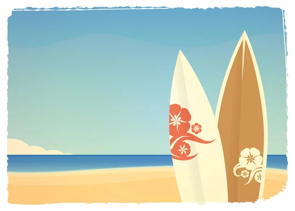 Fondo de verano junto al mar con tablas de surf en estilo retro — Vector de stock
