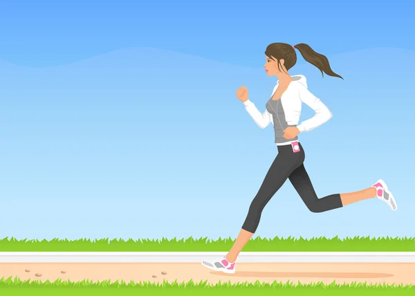 Illustration av en vacker flicka i hoodie jogga i parken — Stock vektor
