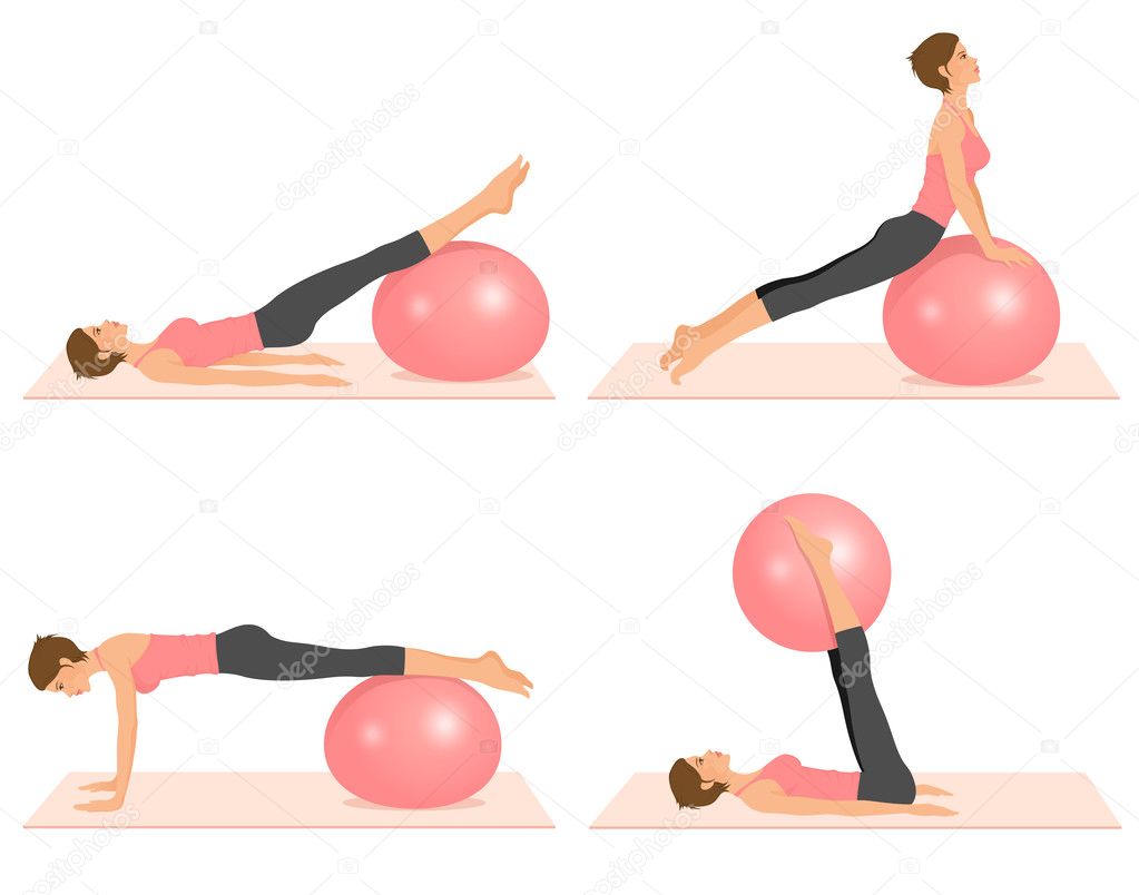 Set of illustrations showing pilates exercises with a ball