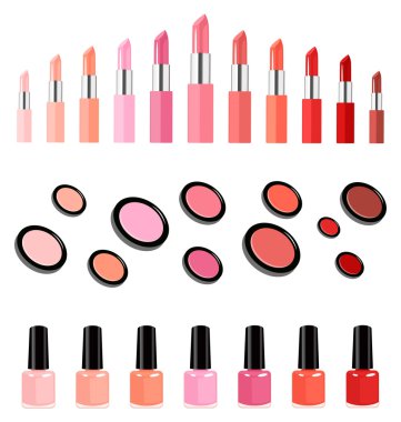 Collection of lipsticks, face powders and nail varnish in matching colors clipart