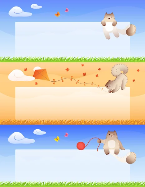 Bannières colorées pour printemps, été et automne avec un joli chat espiègle — Image vectorielle