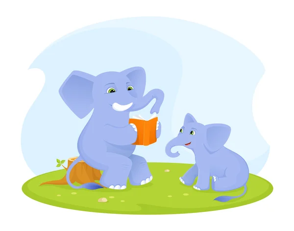 Bebé lindo elefante escuchando a su padre leyendo un libro — Archivo Imágenes Vectoriales