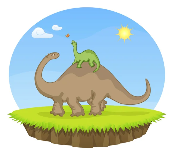 Dinosaurie mamma och hennes barn att ha en promenad på en solig dag — Stock vektor