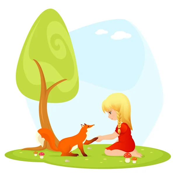 Une jolie fille blonde rencontre un renard amical — Image vectorielle