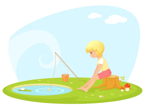 Симпатичные блондинка девочка Рыбалка в маленьком пруду — стоковый вектор