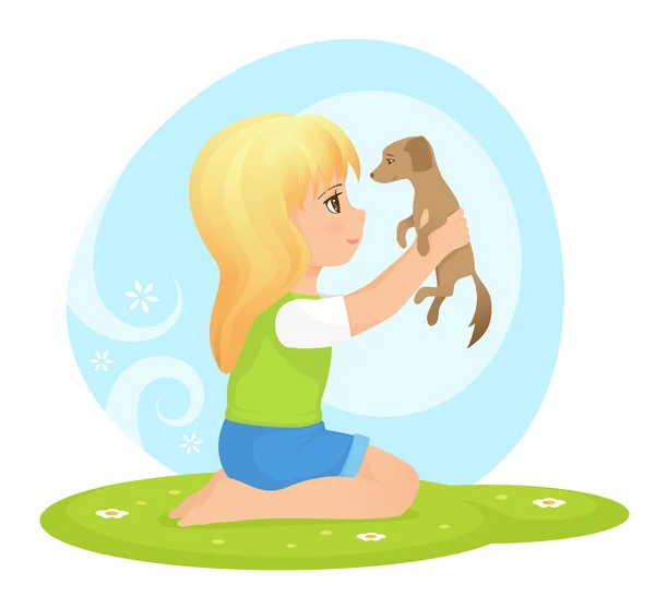 stock vector A cute small girl playing with puppy