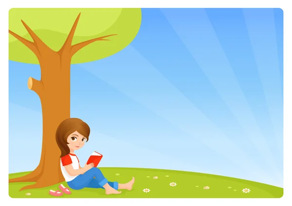Ein nettes kleines Mädchen liest ein Buch im Garten — Stockvektor