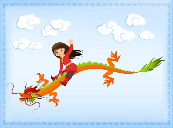 A cute asian girl riding an ancient Chinese dragon — Stock Vector