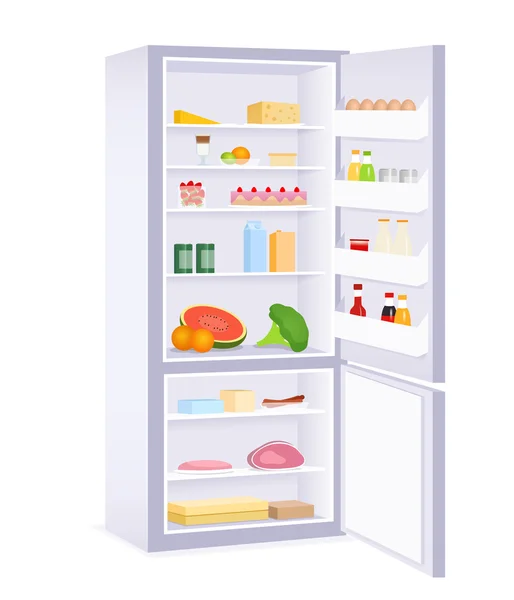 Иллюстрация современный холодильник с едой — стоковый вектор