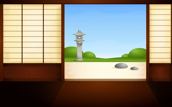 日本人的家与滑动门和一个看法到花园里的插图 — 图库矢量图片