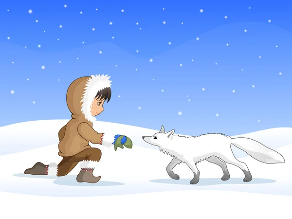 Dostça bir kutup fox Toplantı bir eskimo yakışıklı gösteren resim — Stok Vektör