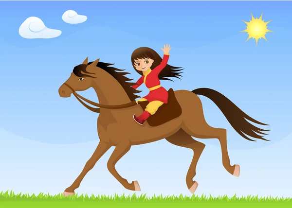 A cute Asian girl riding a horse — Stock Vector