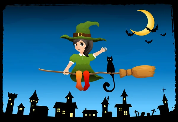 Uma garota bonita bruxa voando em uma vassoura com seu gato — Vetor de Stock