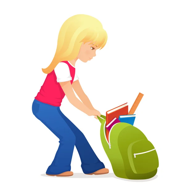 Ilustración de una linda chica rubia y con un poco pesada mochila — Archivo Imágenes Vectoriales