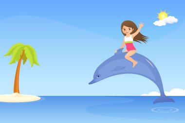 Illustration for children - a cute small girl riding a dolphin clipart