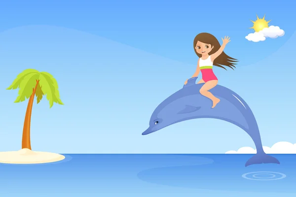 Ilustração para crianças - uma linda garota pequena cavalgando um golfinho — Vetor de Stock