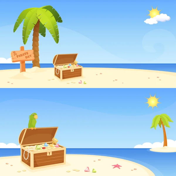 Banner balneare carino per bambini con tema isola pirata — Vettoriale Stock