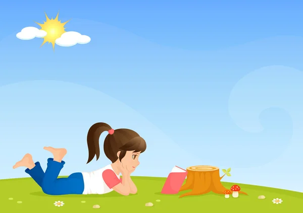 Иллюстрации для детей - милая маленькая девочка, читая книгу на солнечный луг — стоковый вектор