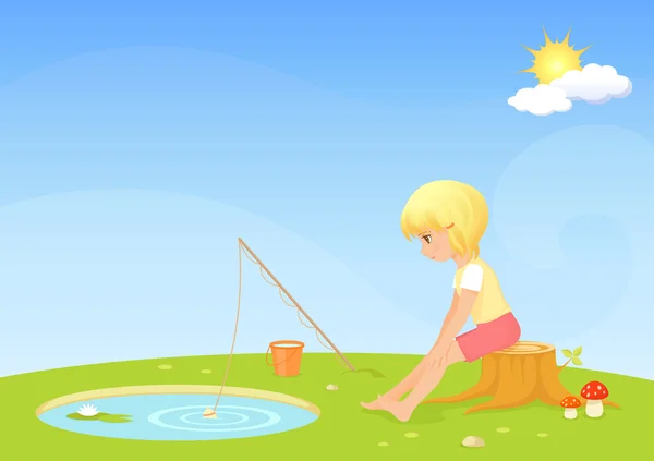 Ilustración para niños - una chica rubia linda en un pequeño lago de pesca — Archivo Imágenes Vectoriales