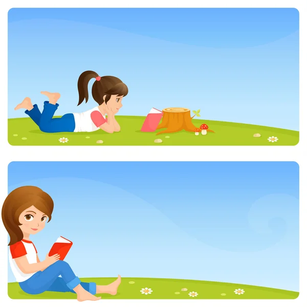 Primavera o verano de banners con chicas guapas pequeñas leyendo un libro — Archivo Imágenes Vectoriales