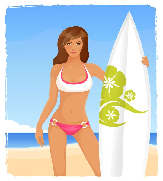Mooie surfer meisje op het strand — Stockvector