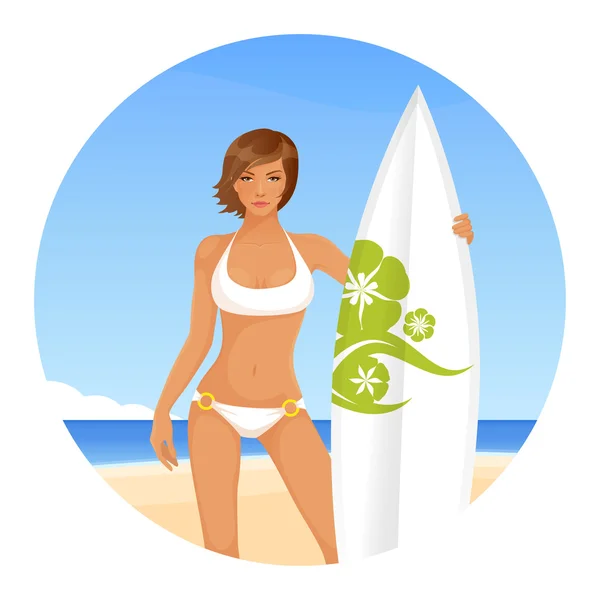 Ilustración de verano de una chica hermosa surfista de pelo corto — Vector de stock