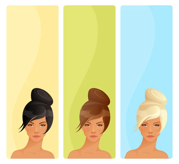 Enkla banners med vackra kvinnor med elegant frisyr — Stock vektor