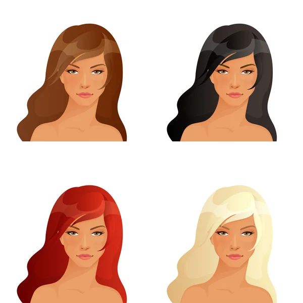 Set of illustrations of beautiful women showing different hair color — Stock Vector