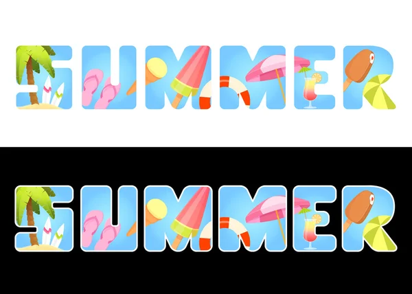 Summer theme illustrations stylized into word Summer on white or black background — Stock Vector