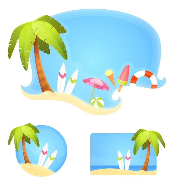 Kolekce letních téma ilustrací s palm a prkna na slunečné pobřeží — ストックベクタ