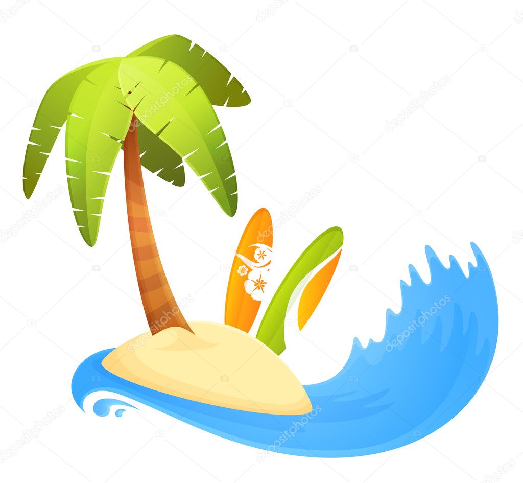 Summer theme illustration - colorful surfboards on tropical island