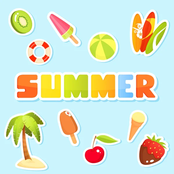 Colorful collection of cute summer theme illustrations in bright colors — Stock Vector