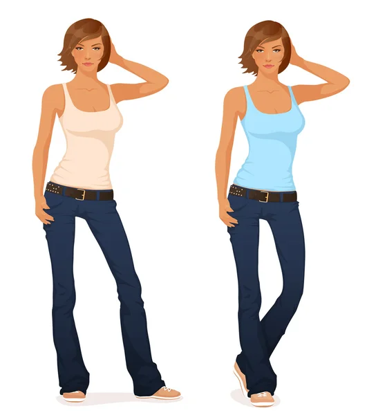 Illustration of beautiful short haired young girl in flare jeans and tank top — Stock Vector