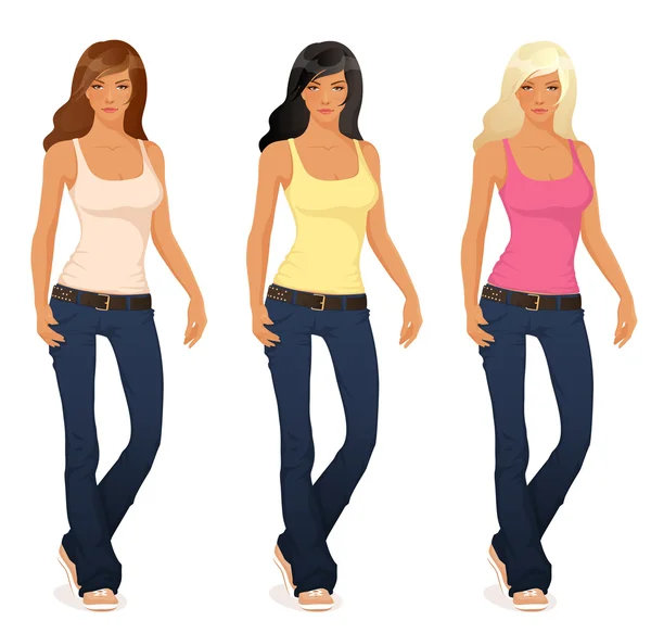 Beautiful young girl in flare jeans and tank top in three color variations — Stock Vector