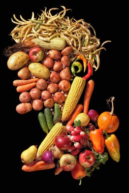 Eatable portrait composed of fruits and vegetables in Giuseppe Arcimboldo style on black background clipart