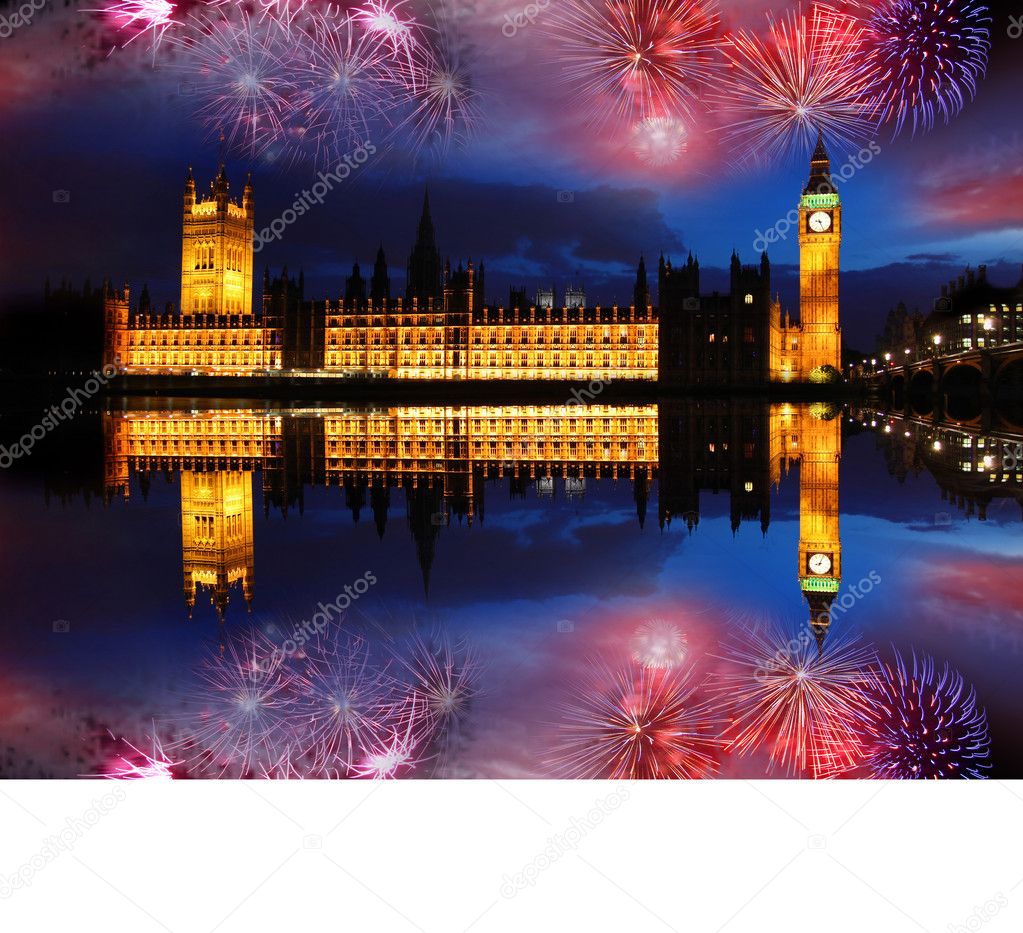Big Ben with firework in London, England