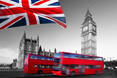 Big Ben with red double-decker in London, UK clipart