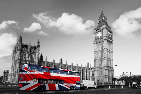 Big Ben with city bus covered flag of England, London, UK — Stock Photo, Image
