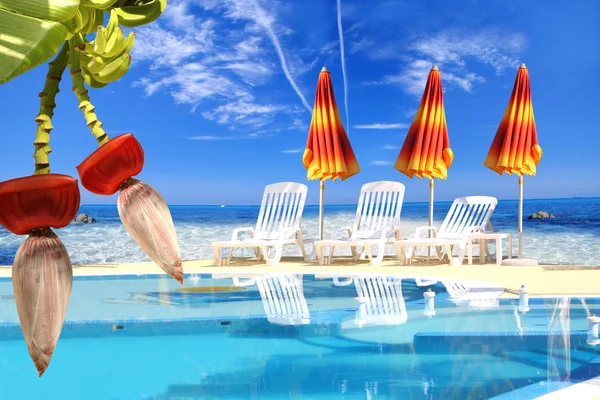 Luxusní bazén s azurovým mořem — Stock fotografie