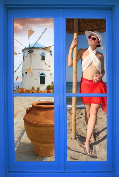 Grekiska fönster med sommaren koncept — Stockfoto
