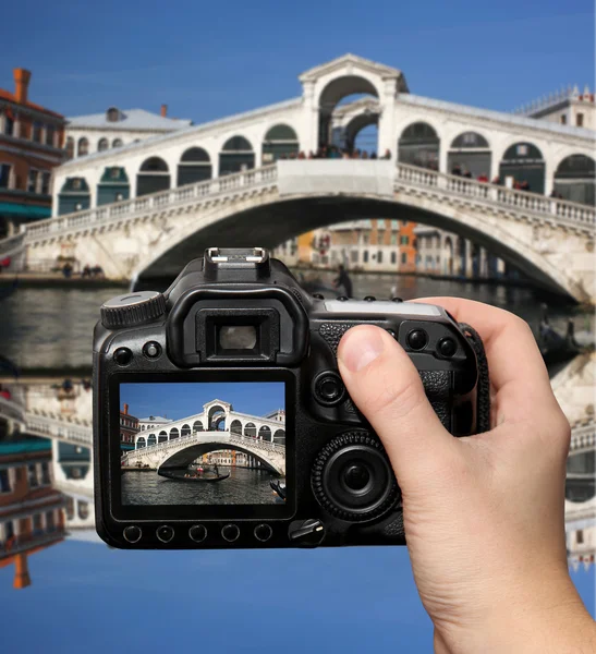 Stock image Venice, Rialto bridge with gondola in Italy