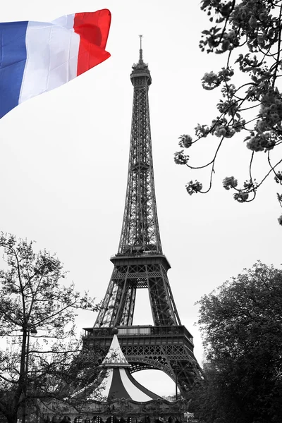 Beroemde Eiffeltoren met kleurrijke vlag in Parijs, Frankrijk — Stockfoto