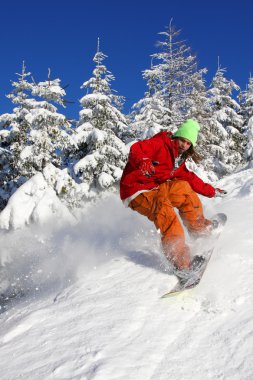 Mavi gökyüzüne atlayan snowboardcu