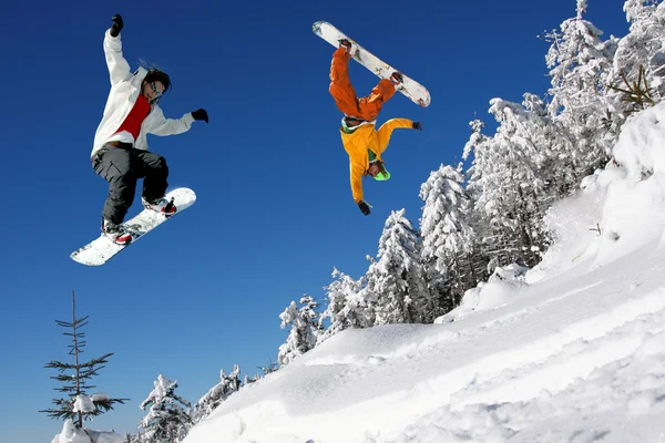 Snowboarders sautant contre le ciel bleu — Photo