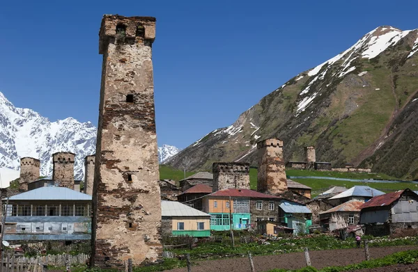 Geleneksel svan koruyucu kuleleri ve ushguli köy evleri. Svaneti. Gürcistan. — Stok fotoğraf