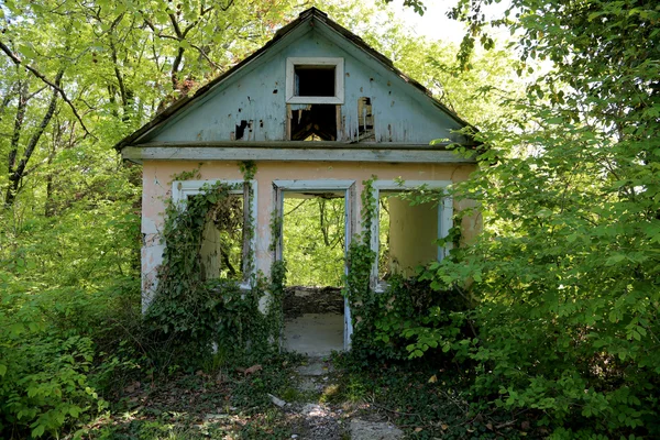 stock image An old abandoned house overgrown with